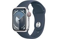 Apple Watch Series 9 (2023), GPS+CELL, 41 mm, Gesto de doble toque, Caja de aluminio plata, Correa deportiva azul tempestad, Talla S/M