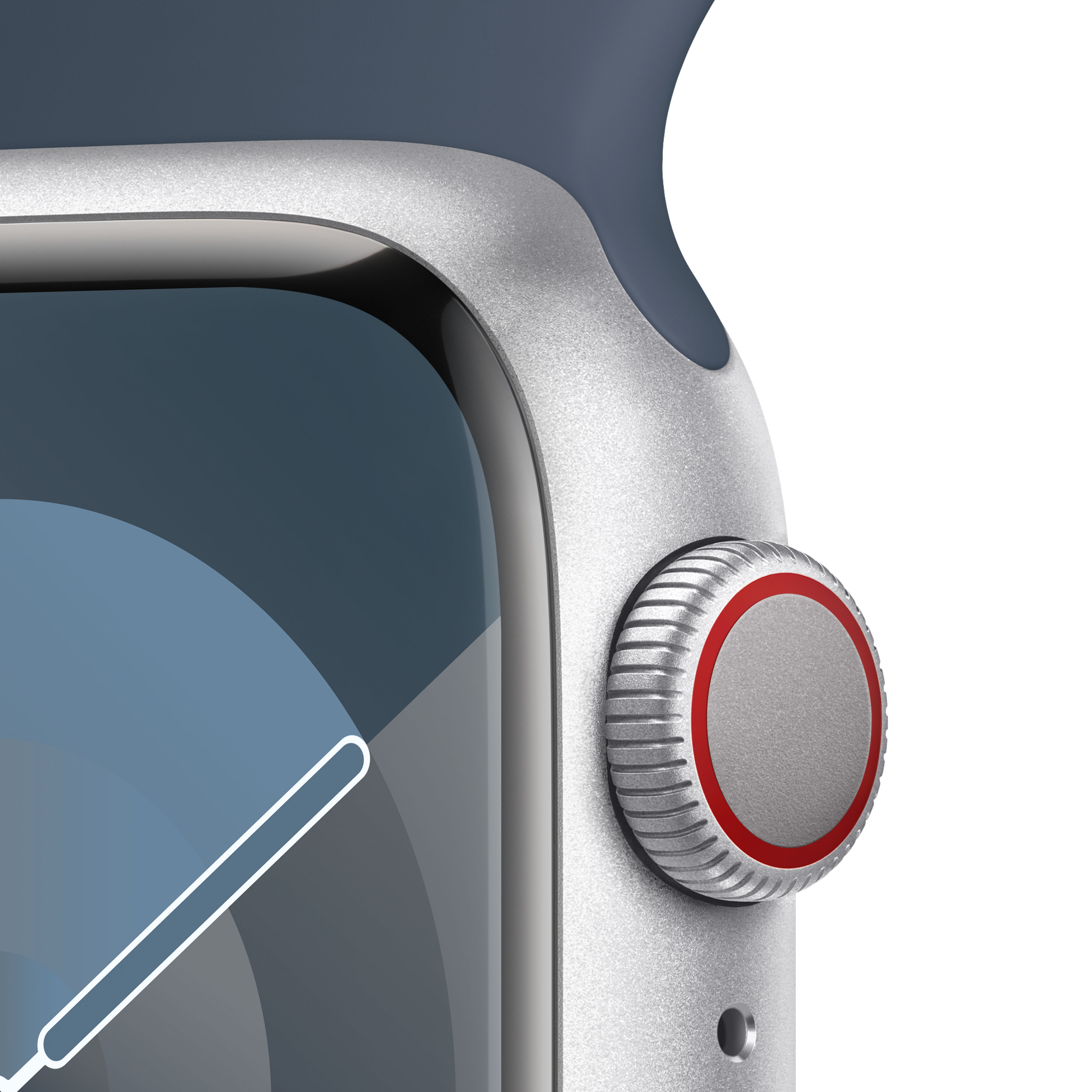 Primer plano del Apple Watch. Caja plateada, dial rojo y correa azul.