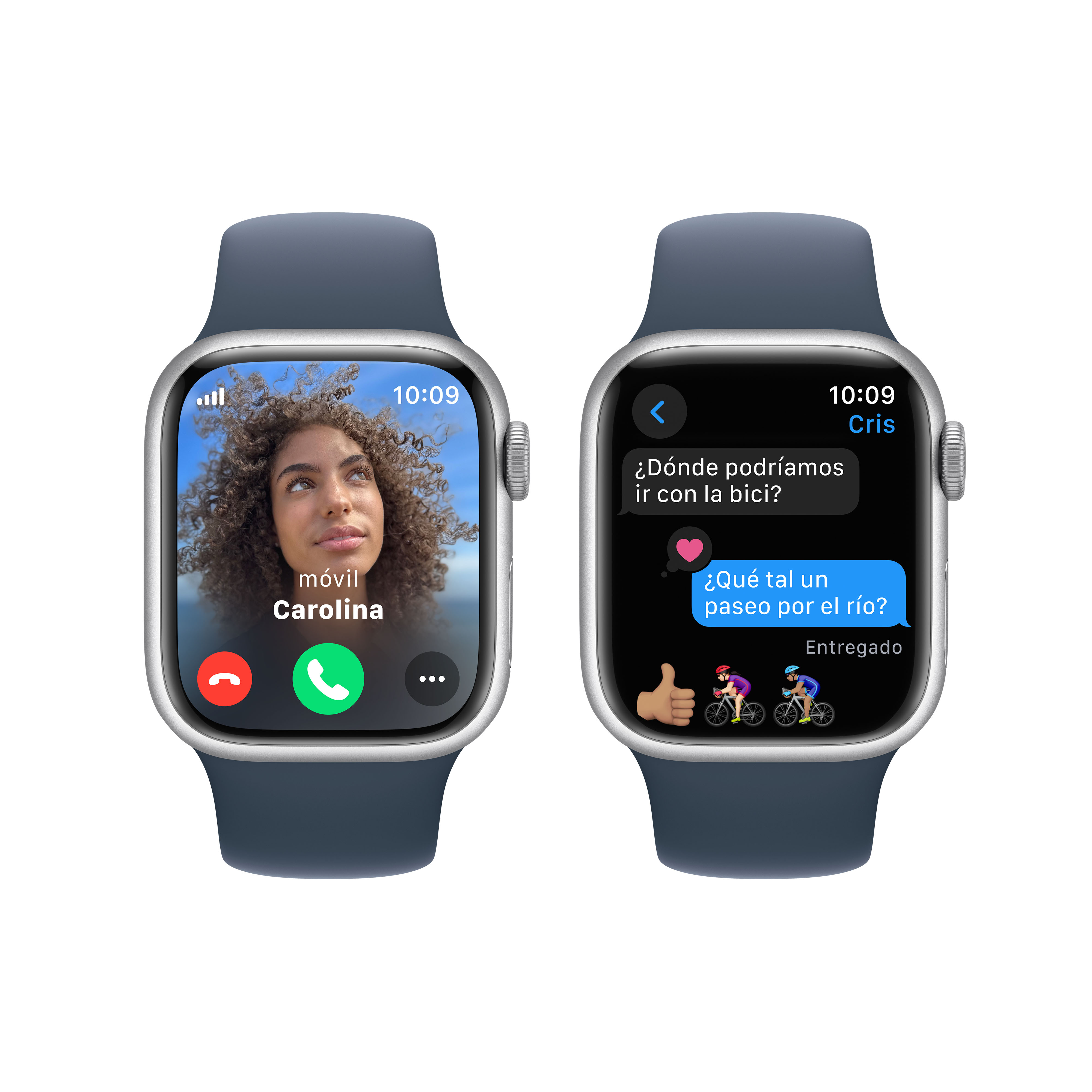Dos Apple Watches. Uno muestra una videollamada, el otro un mensaje de texto sobre un paseo en bicicleta con emojis.
