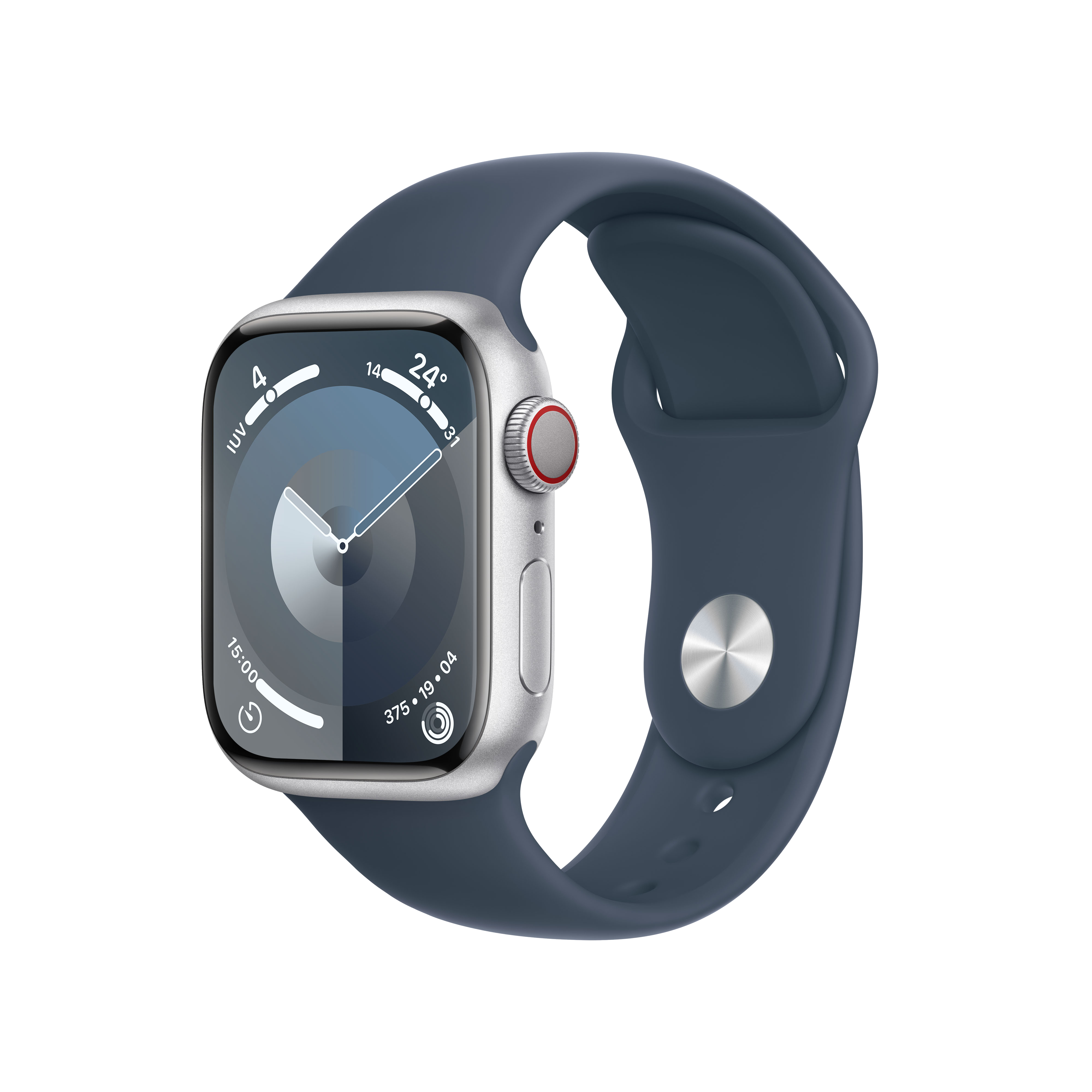 Un Apple Watch sobre una superficie negra, mostrando una esfera azul y una correa deportiva azul.