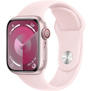 Apple Watch Series 9 (2023), GPS+CELL, 41 mm, Gesto de doble toque, Caja de aluminio rosa, Correa deportiva rosa, Talla S/M