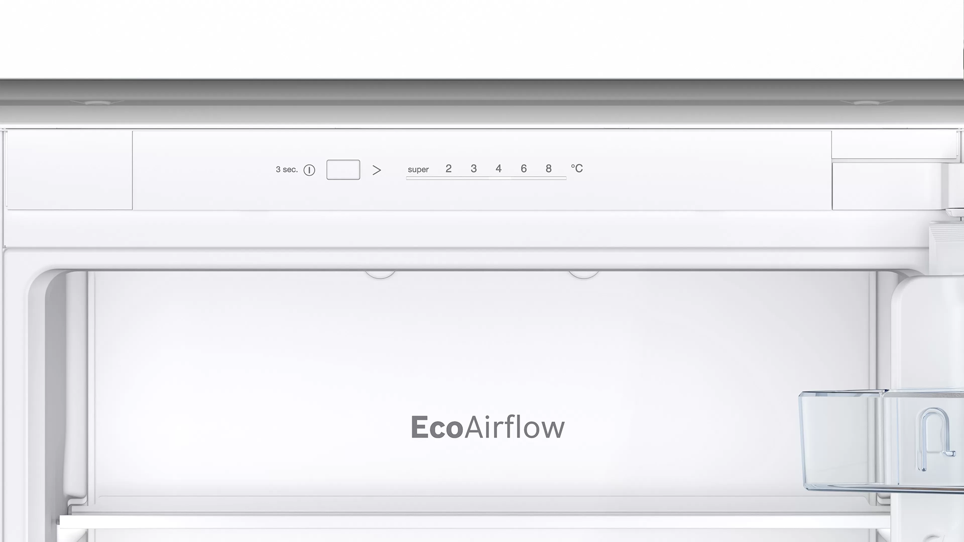 Hűtőszekrény belseje EcoAirflow felirattal és hőmérséklet-szabályzóval, nyitva és üresen.