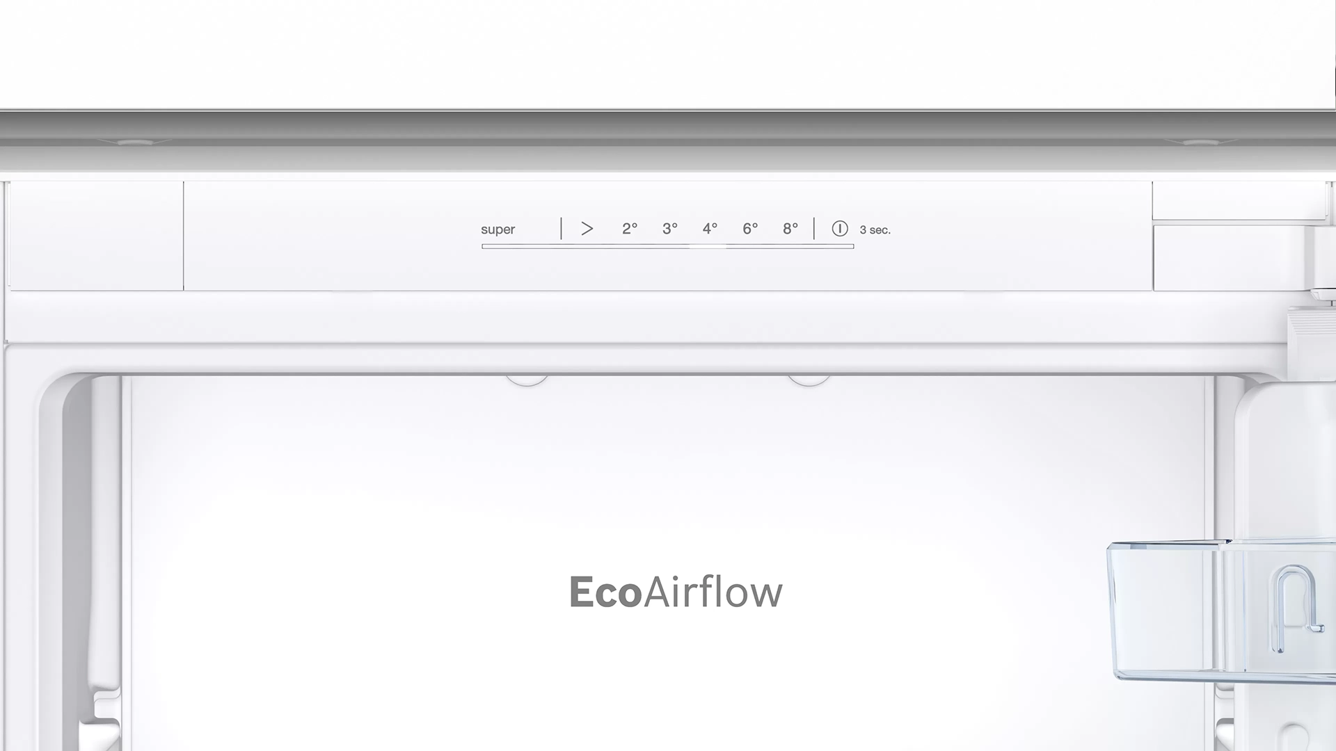 Egy fehér hűtőszekrény belseje, amely az EcoAirflow funkciót és a hőmérséklet beállításait mutatja.