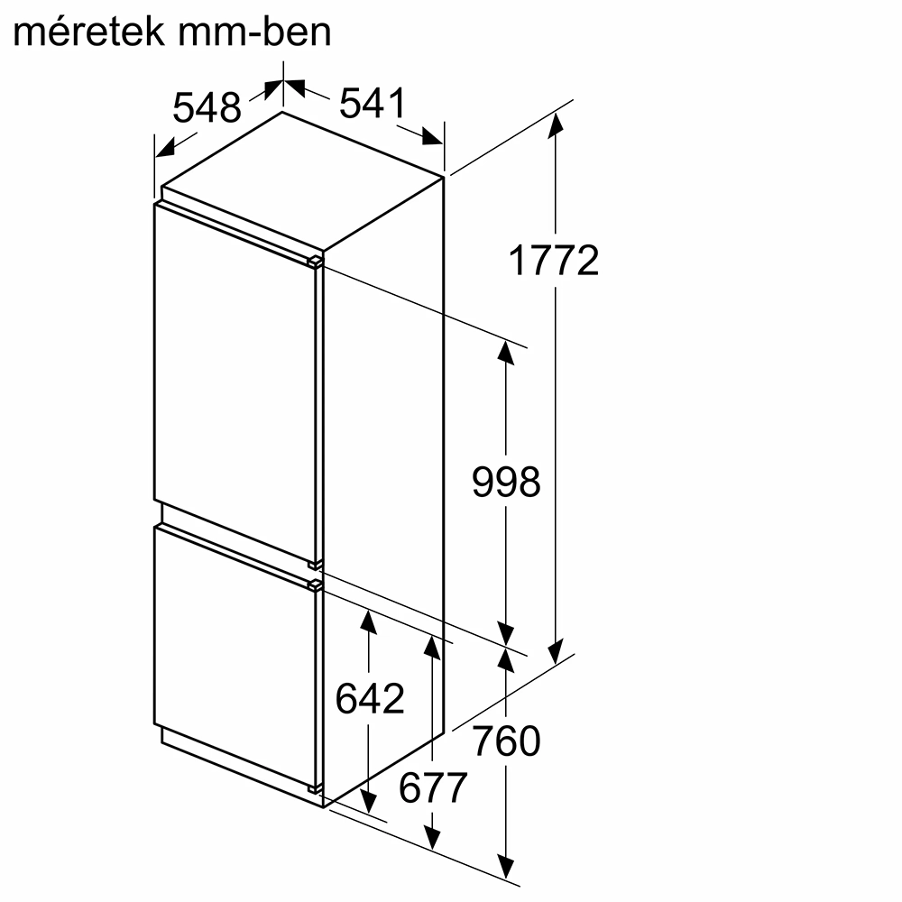Egy hűtőszekrény diagramja milliméteres méretekkel, a méreteket mutatva.