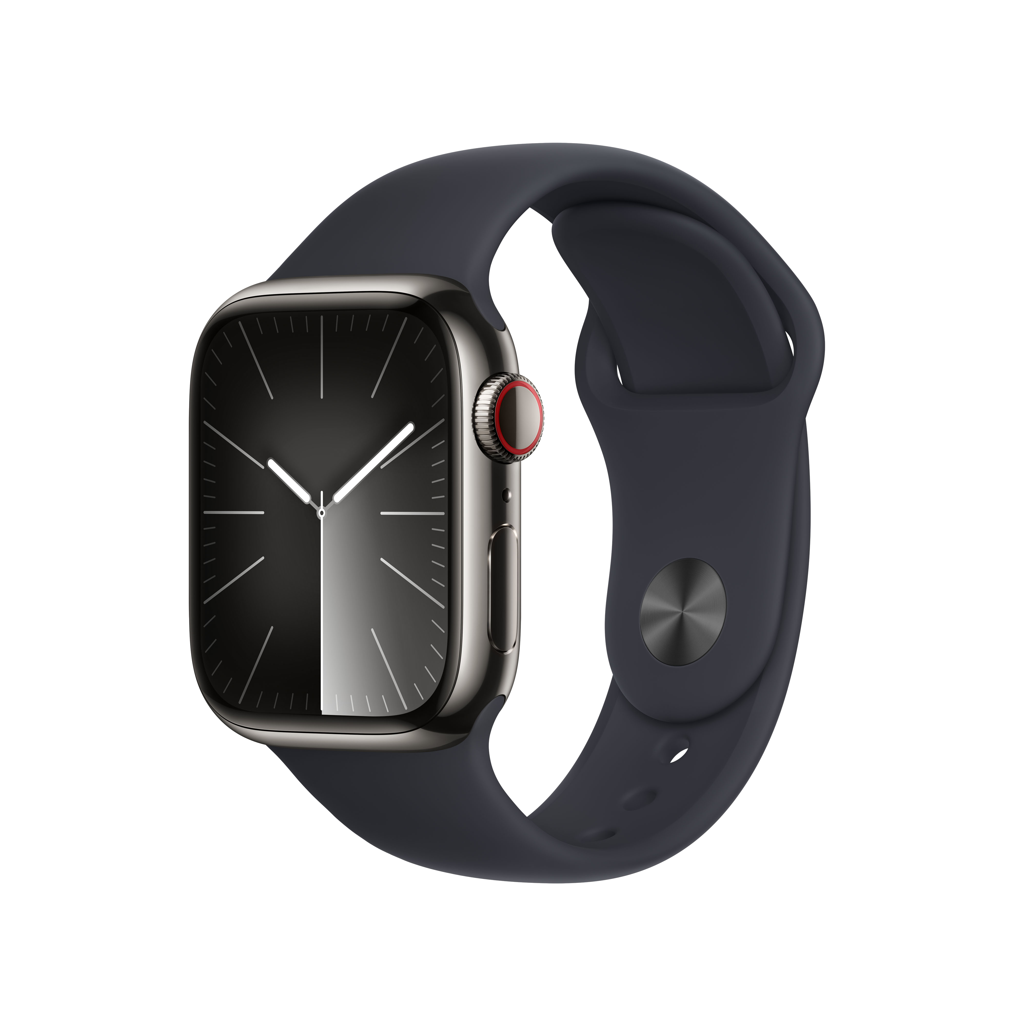 Un Apple Watch con esfera gris oscuro y correa deportiva azul oscuro.