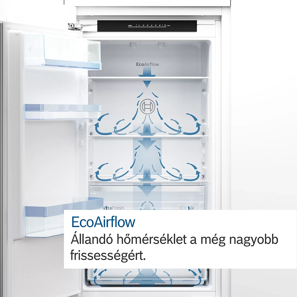 Nyitott fehér hűtőszekrény belseje. Polcokat és egy EcoAirflow szöveget nyíl diagrammal mutat.