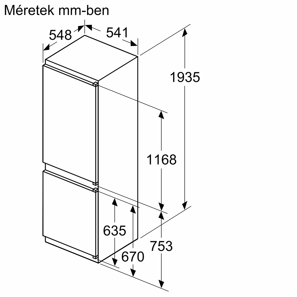 Hűtőszekrény diagramja, méretekkel milliméterben. Két rekesz látható.