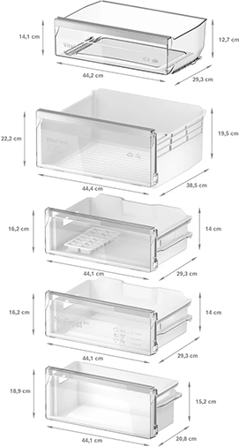 Öt hűtőszekrény fiók diagramja, centiméterben jelölt méretekkel.