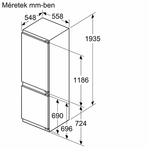 Fehér hűtőszekrény két ajtóval. A méretek mm-ben vannak feltüntetve.