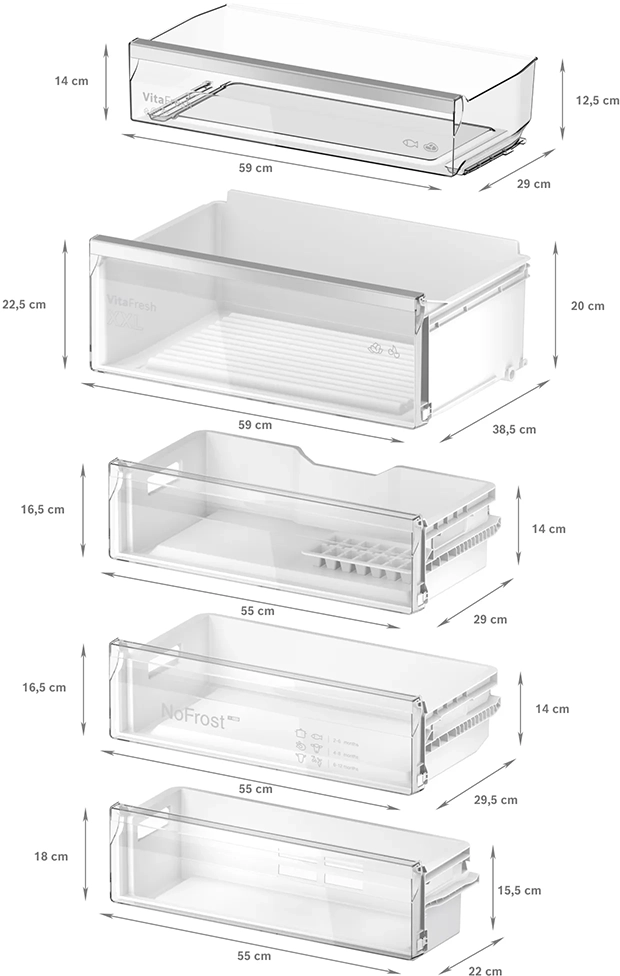 Hűtőszekrény fiókjainak és rekeszeinek diagramja, méretekkel és szervezési funkciókkal.