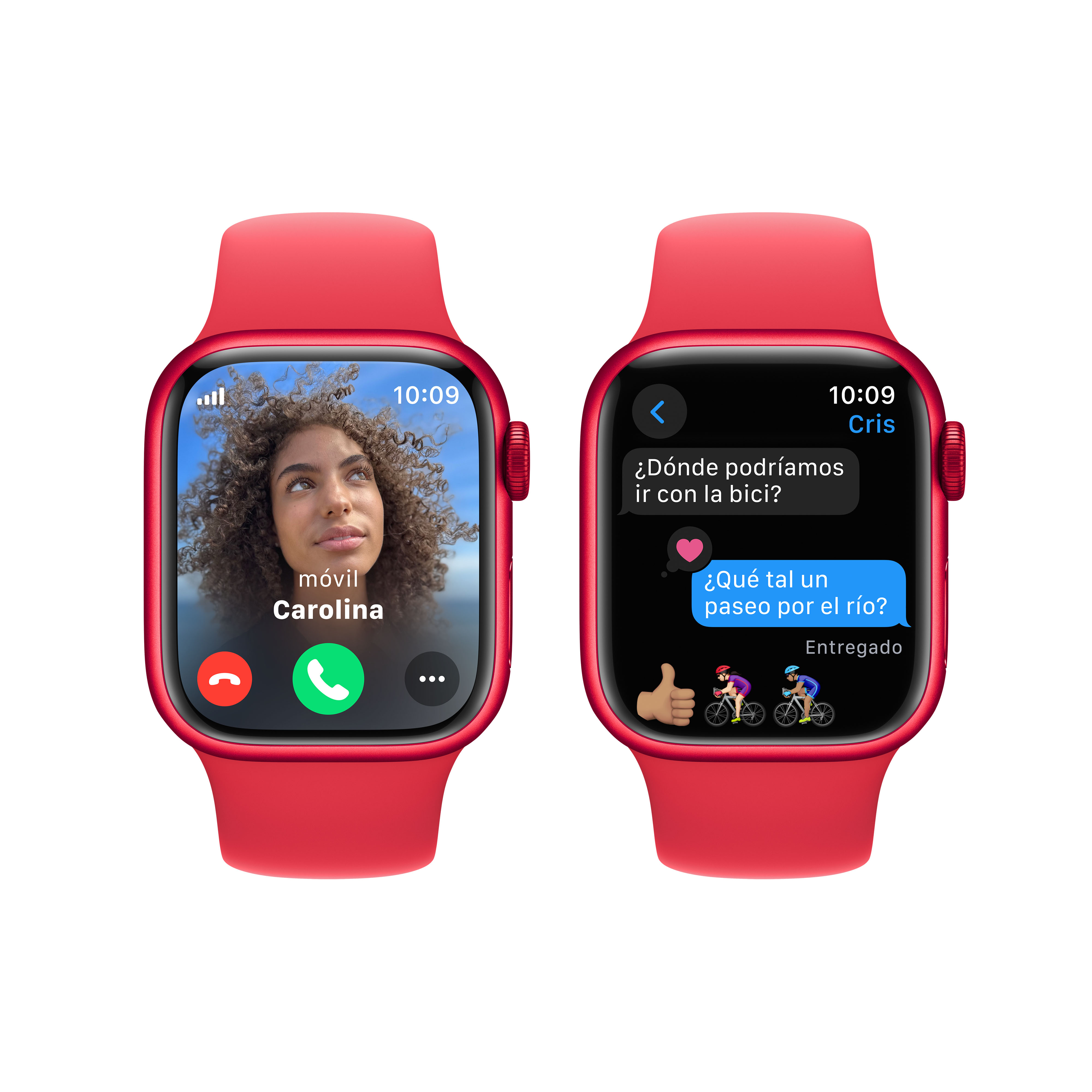Dos Apple Watch rojos. Uno muestra una videollamada, el otro un mensaje de texto.