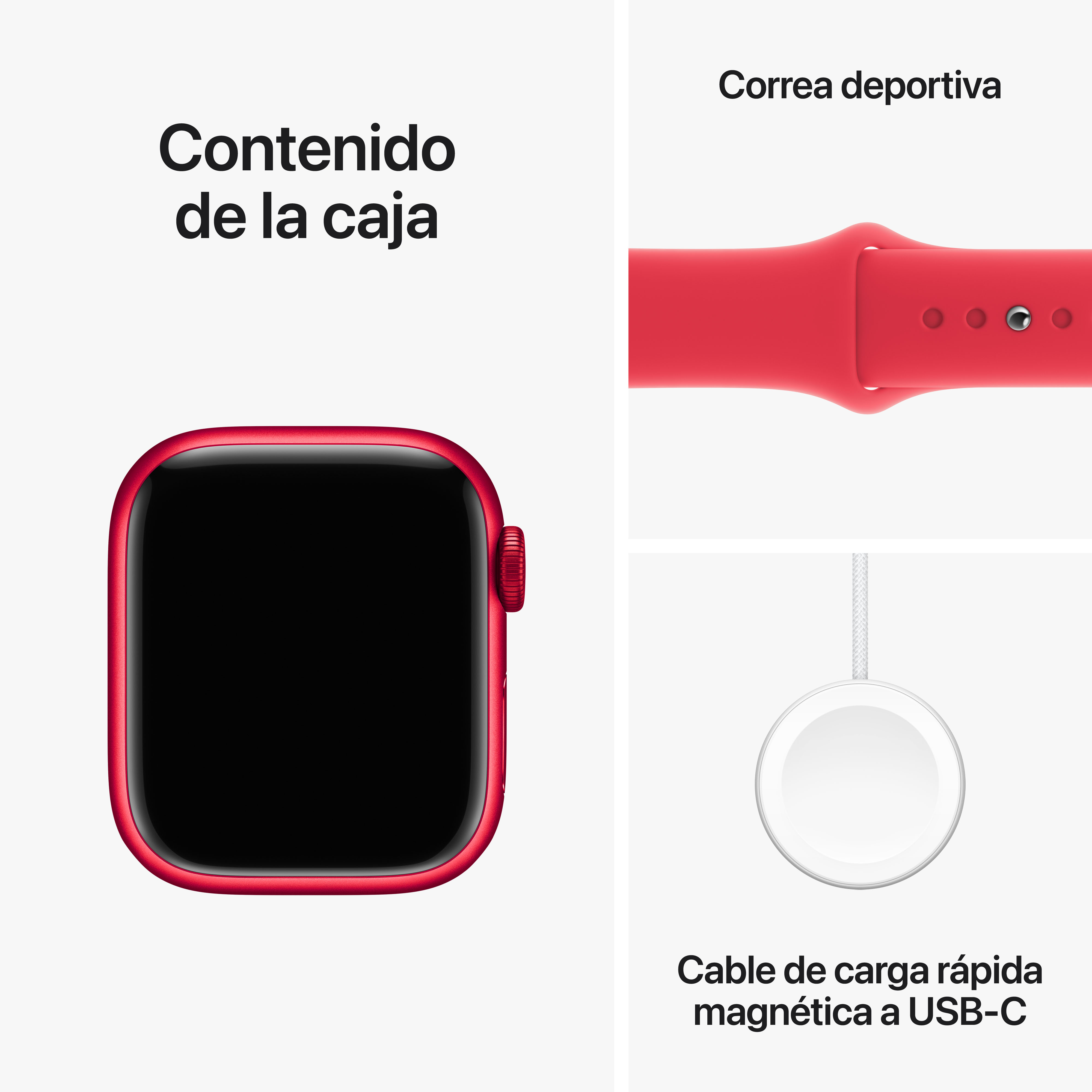 Imagen que muestra el Apple Watch rojo, una correa deportiva roja y un cable cargador blanco con USB-C.