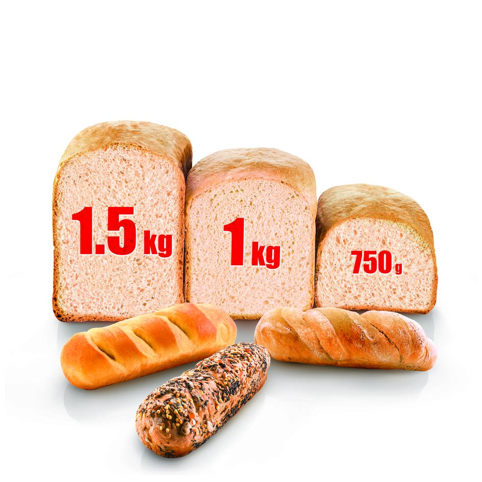 Különböző kenyerek méretcímkékkel. Három vekni és két zsemle fehér háttér előtt.