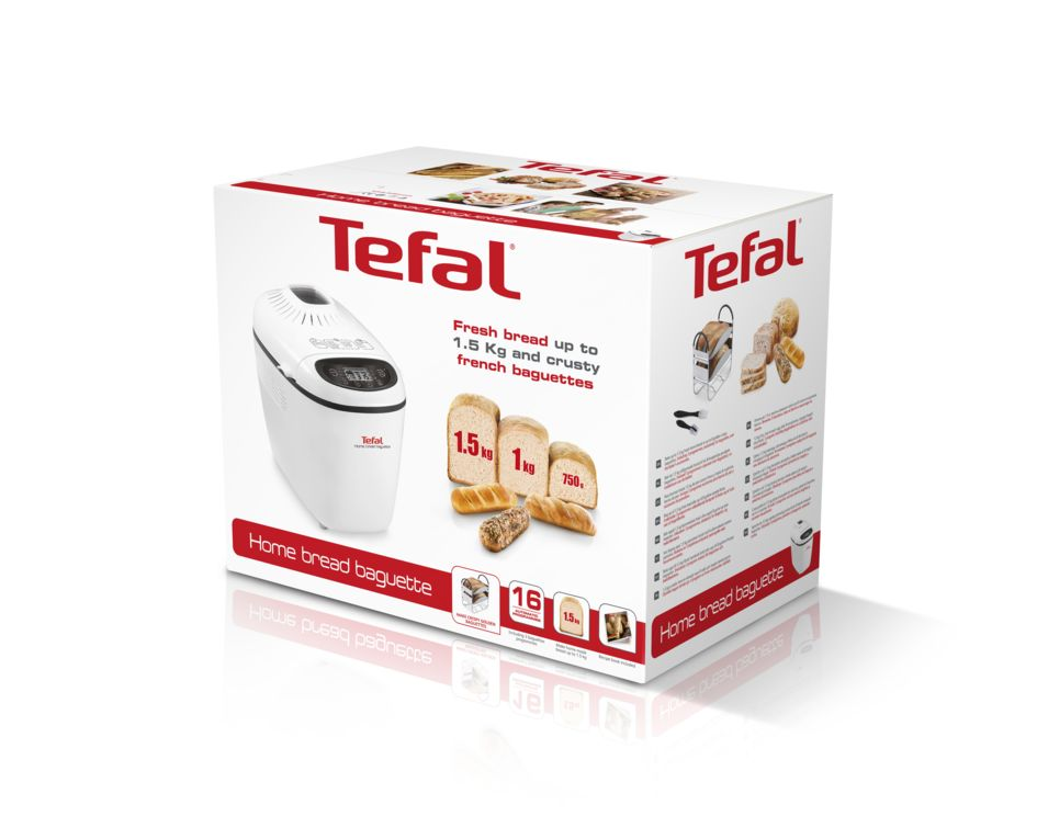 A Tefal Home kenyér bagett készítő fehér doboza. Kenyeret mutat. Szöveg: friss kenyér akár 1,5 kg-ig.