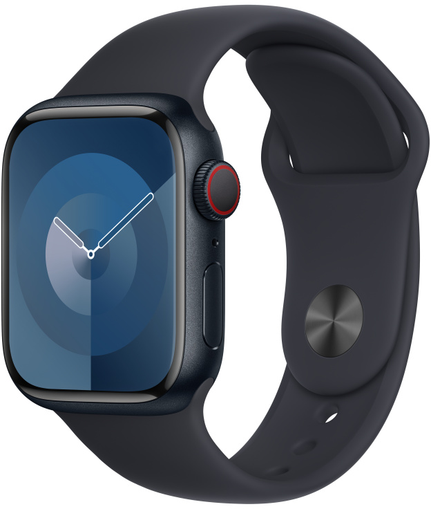 Egy sötétkék Apple Watch kék kijelzővel, amely időt és grafikai elemeket mutat.