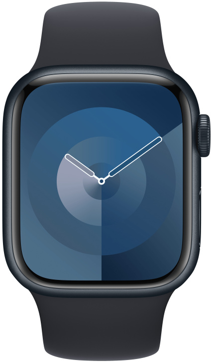 Apple Watch közeli képe kék számlappal és sötétkék szíjjal. Fehér háttér.