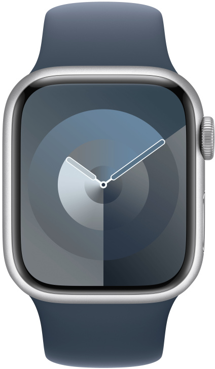 Ezüst Apple Watch kék szíjjal és számlappal, amely az időt és köröket mutatja.