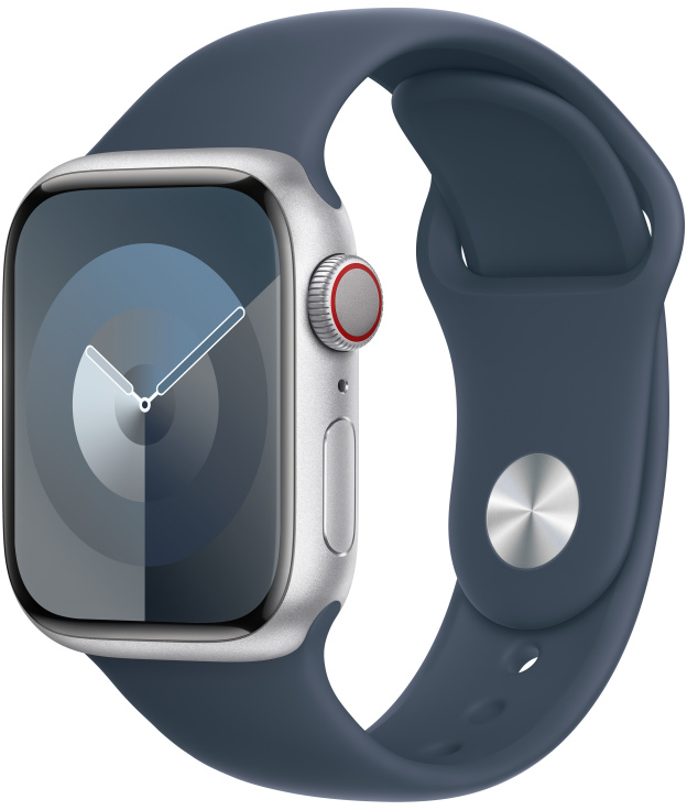 Ezüst Apple Watch kék szíjjal, a számlap sötétkék és világoskék kijelzővel.