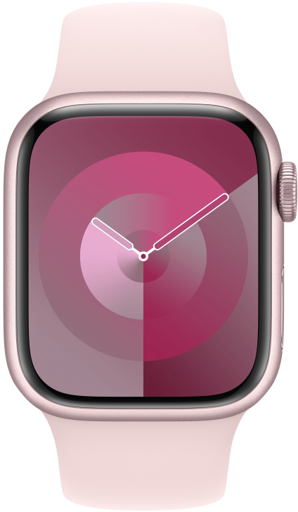 Egy Apple Watch közeli képe, rózsaszín számlappal és szíjjal.