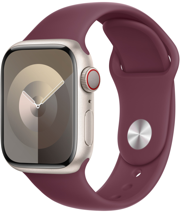 Egy Apple Watch bordó sport szíjjal. A számlap az időt és egy tárcsát mutat.