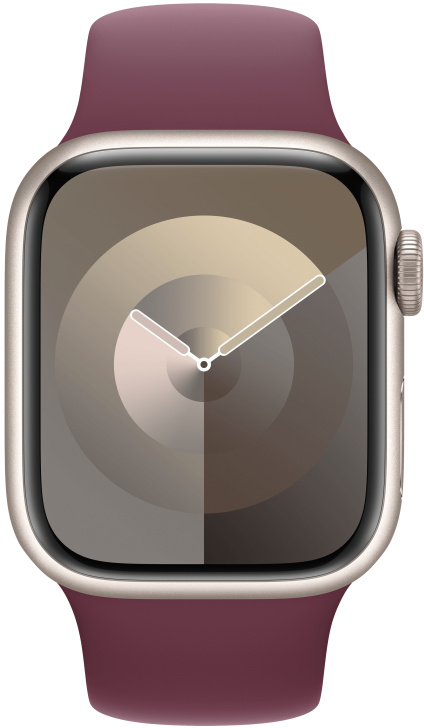 Burgundi Apple Watch, hozzá illő szíjjal. Az óralap egy gradiens dizájnt mutat.