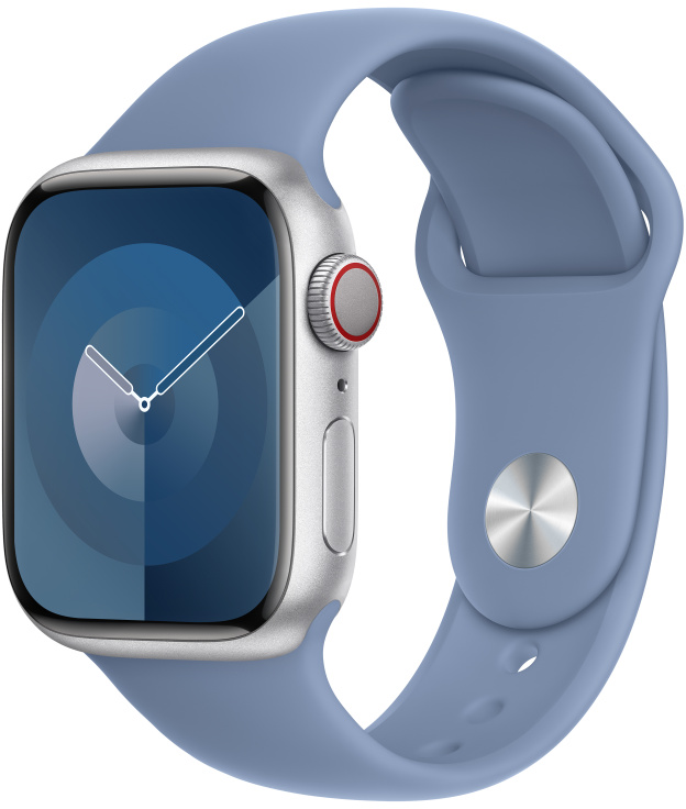 Apple Watch kék szíjjal és ezüst tokkal, a számlapot mutatva.