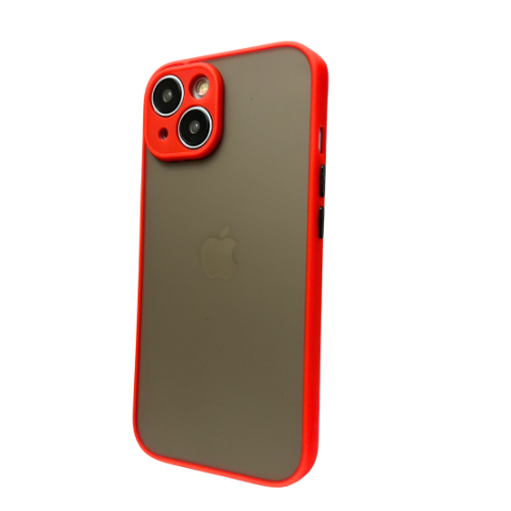 iPhone tok piros keretben, szürke háttal. Az Apple logója látható.