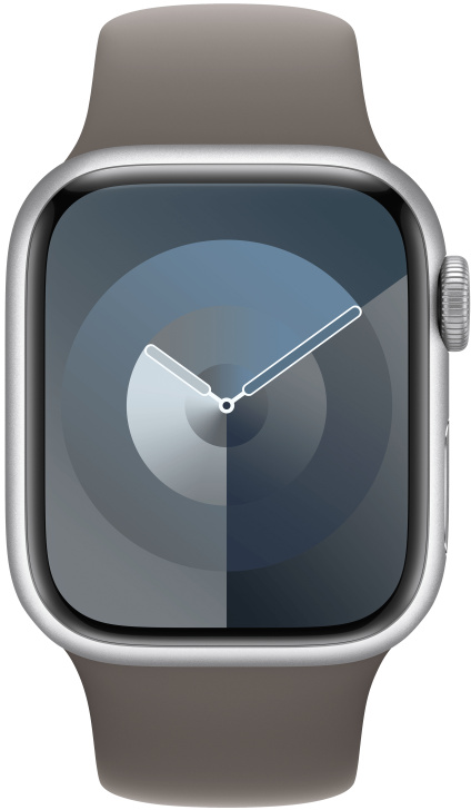 Apple Watch kör alakú felülettel, szürke szíjjal. Az óra ezüst tokkal rendelkezik.