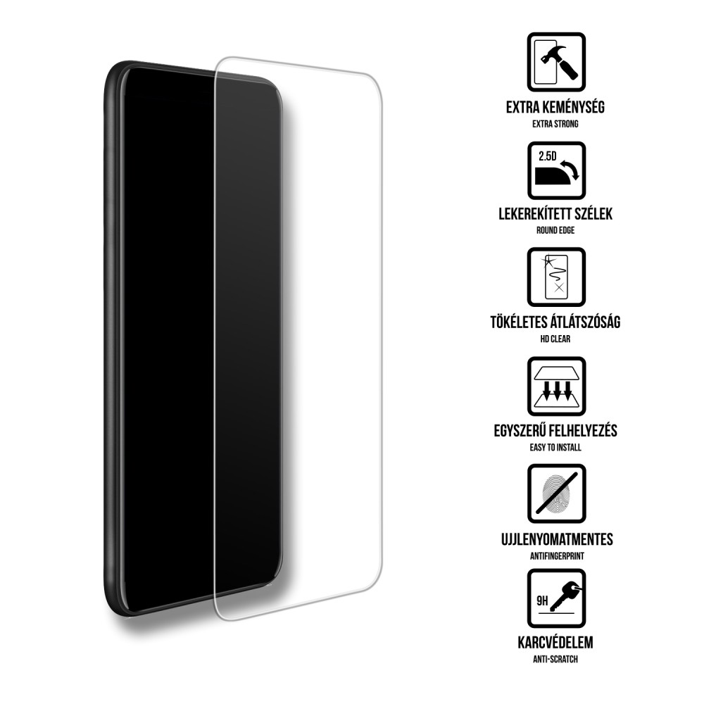 Fekete okostelefon egy képernyővédővel. Ikonok a funkciókat jelzik: extra erős, HD tiszta stb.