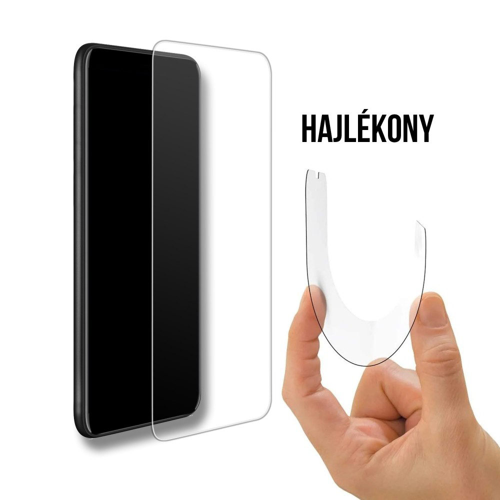 Okostelefon képernyővédővel. Egy kéz meghajlítja az átlátszó védőt a telefon közelében. A szöveg azt mondja: 'HAJLÉKONY'.
