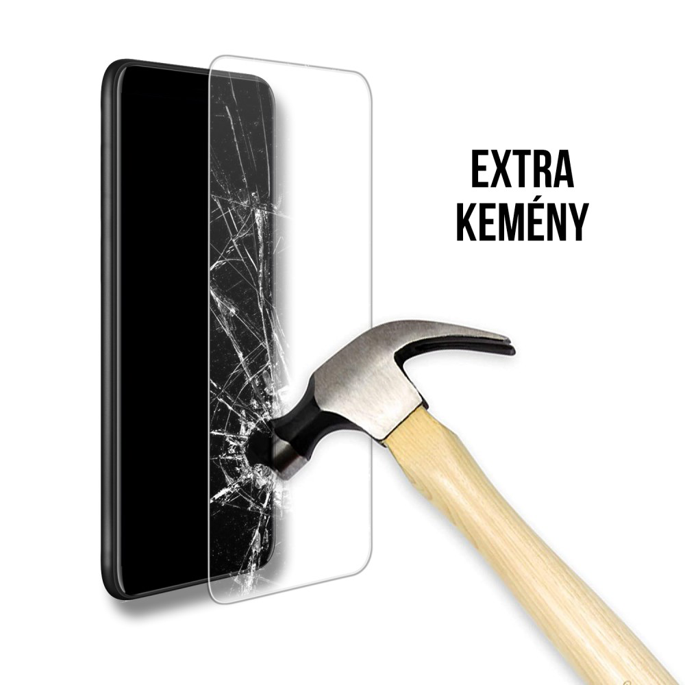 Egy kalapács összetöri a telefon képernyővédőjét. A védő átlátszó, a telefon fekete.