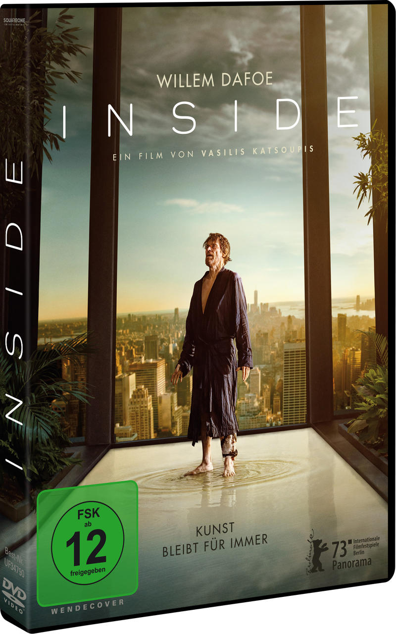 DVD-Cover für 'Inside' mit Willem Dafoe in einem Raum mit Blick auf eine Stadt.