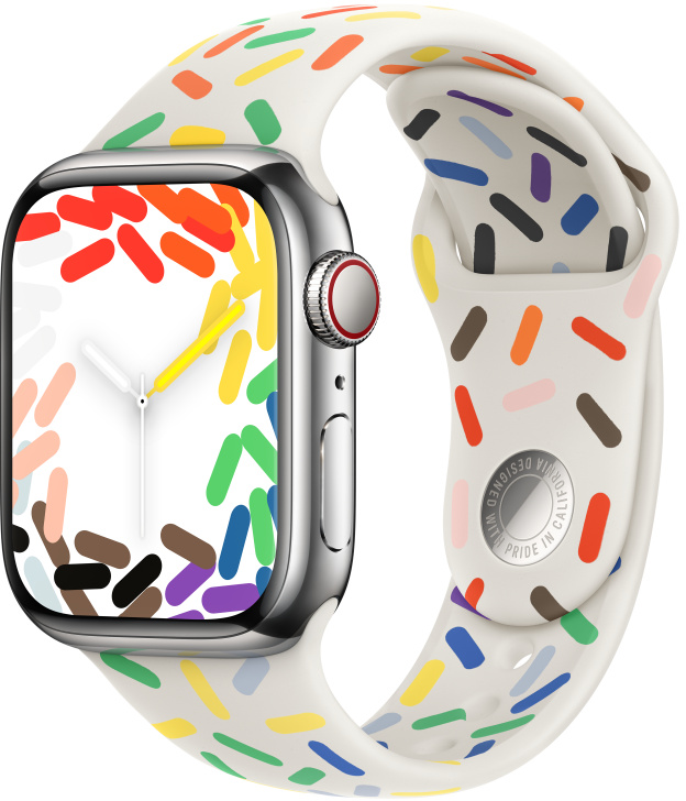 Ezüst Apple Watch fehér szíjjal, színes szórócukorral. A számlap színes szórócukrot mutat.