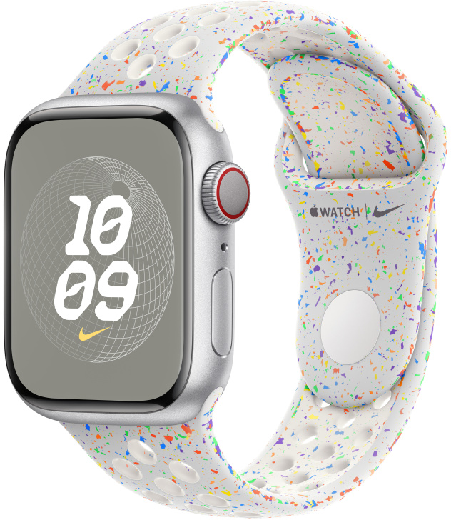 Apple Watch tartozékokkal: sport szíj, számlap és töltőkábel.