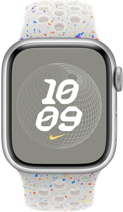 Apple Watch fehér szíjjal és színes foltokkal. A 10:09 időpont jelenik meg.