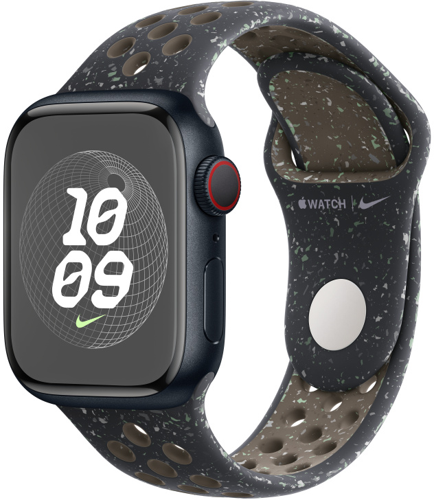 Apple Watch Nike szíjjal, mutatja az időt és a Nike logót.