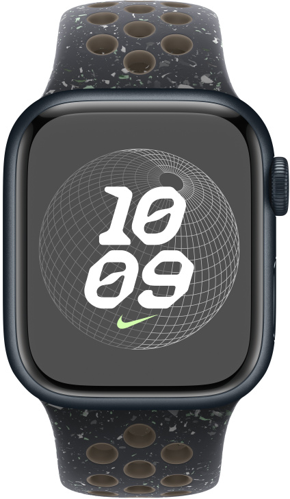 Apple Watch, fekete tok, pettyes szíj, 10:09 az órán, földgömb grafikával.