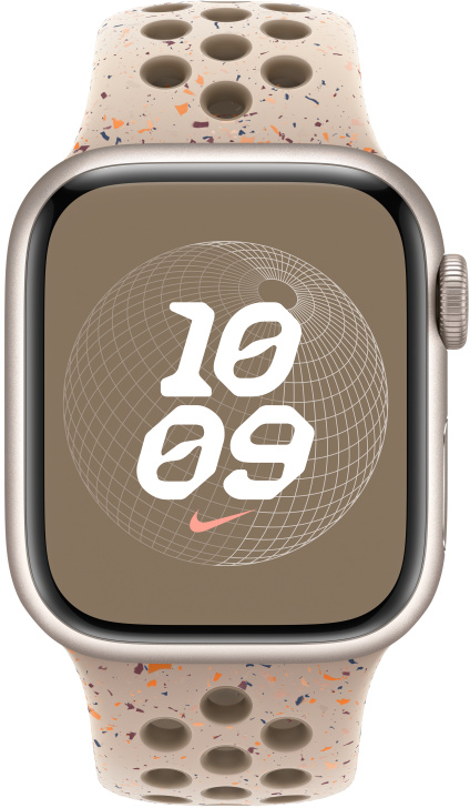 Ezüst Apple Watch pettyes szíjjal. Az óralap 10:09-et, Nike logót és egy gömböt mutat.