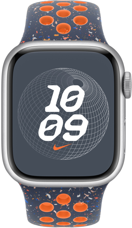 Ezüst Apple Watch narancssárga pöttyös szíjjal, a számlapon egy földgömbbel.