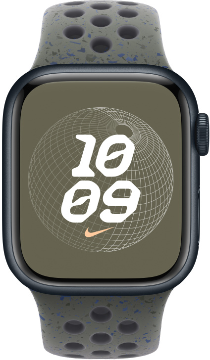 Az Apple Watch számlapjának közeli képe. Egy világtérképet jelenít meg, 10:09-es idővel és a Nike logóval.