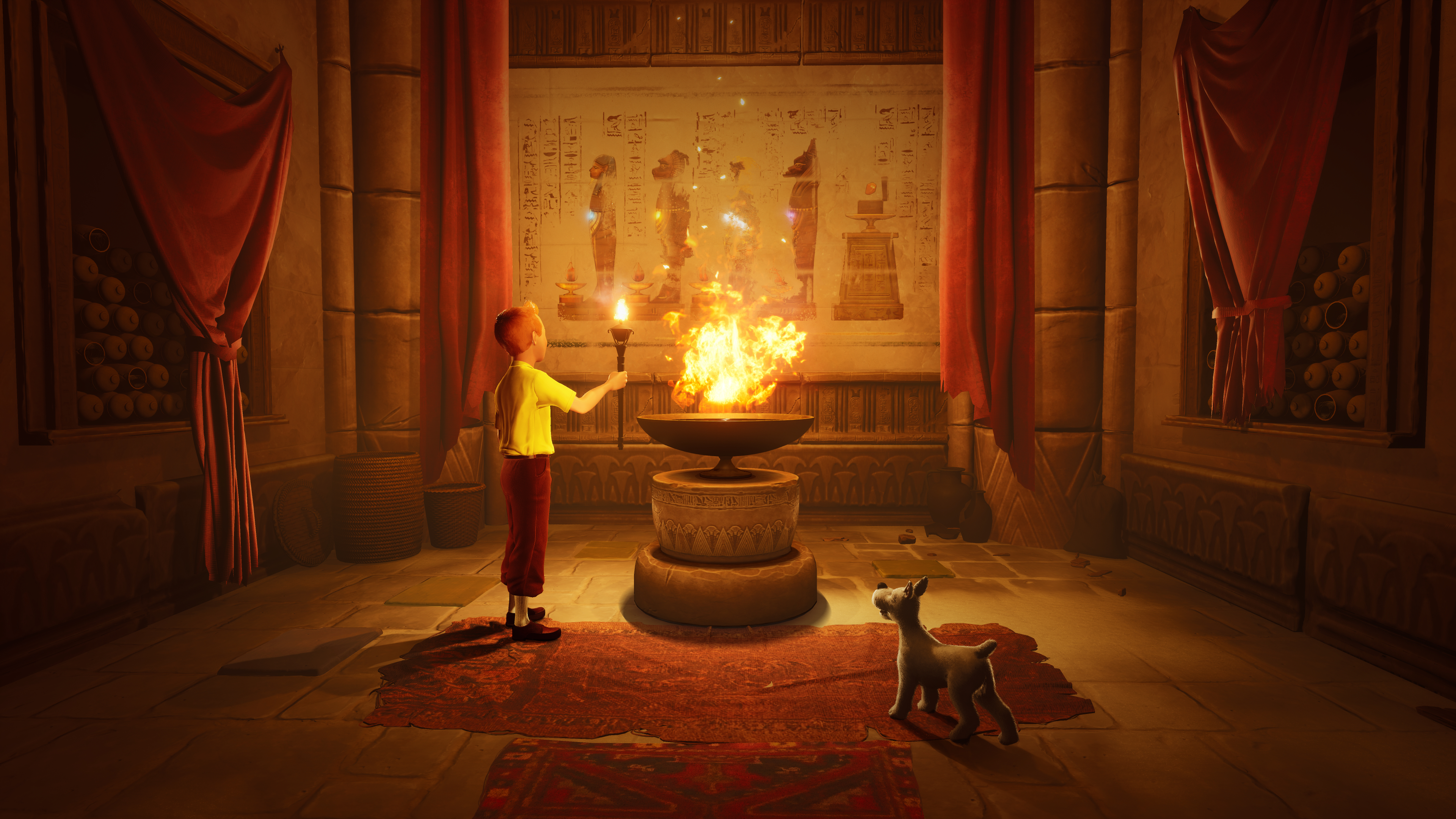 Tim in einem Tempel, hält eine Fackel. Ein Hund steht in der Nähe. In der Mitte ist ein Feuer.