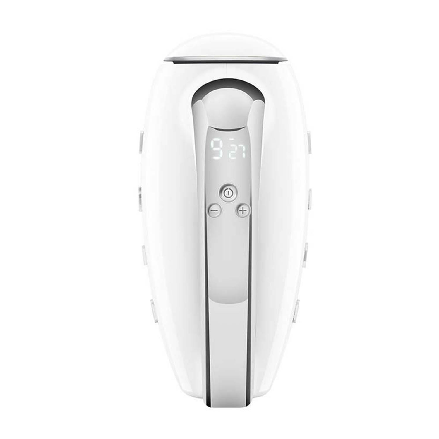Dispositivo bianco ovale con display che mostra numeri e pulsanti. Ha un design curvo.
