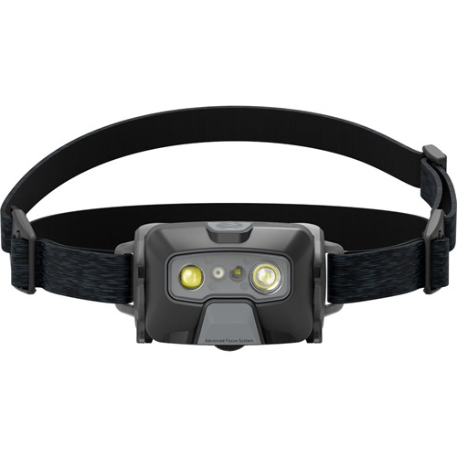 Egy fekete fejlámpa két fénnyel és szürke pánttal. Rajta: Advanced Focus System.