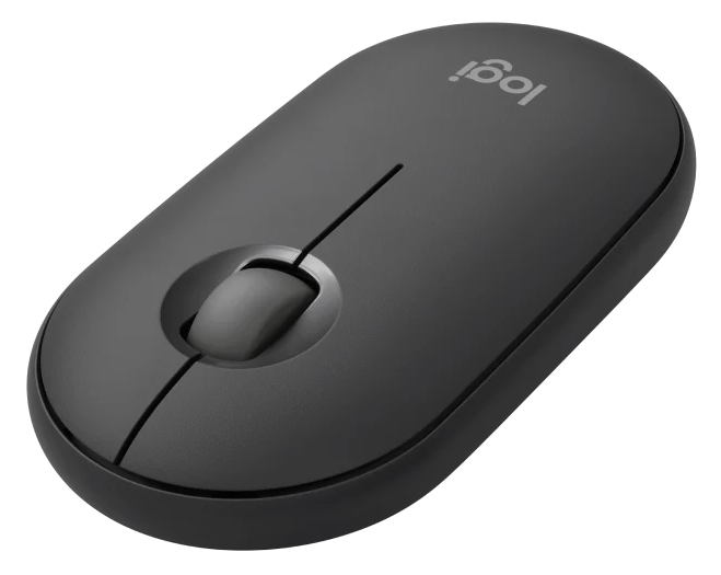 Egy fekete Logitech vezeték nélküli egér. Ovális alakú, görgővel és két gombbal.