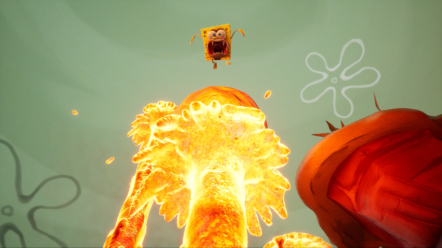 Spongebob springt uit een vuurexplosie in een tekenfilmscène.