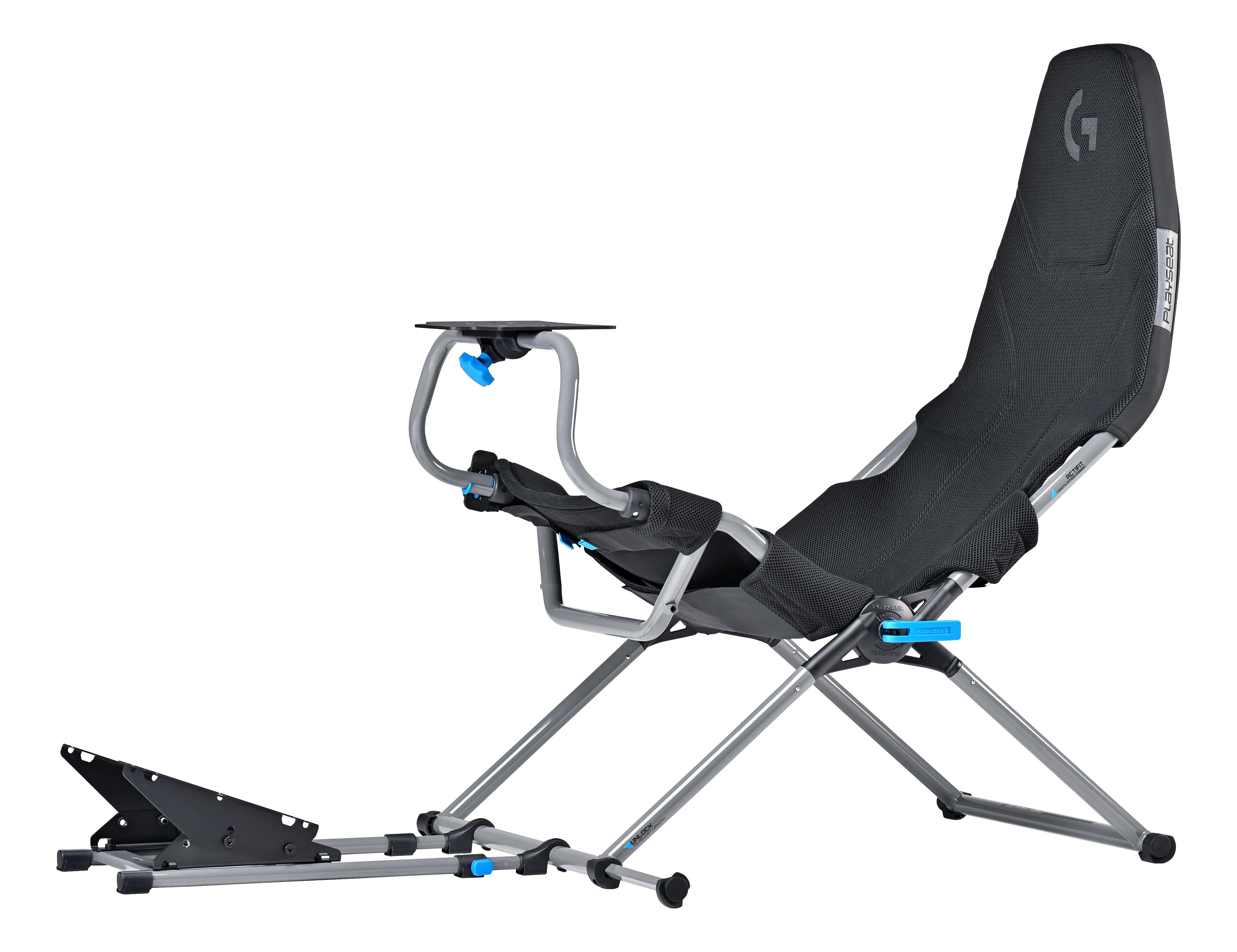 Ein Gaming-Stuhl mit schwarzem Sitz und Rückenlehne, Armlehnen und Fußstütze, aus Metall und Stoff.