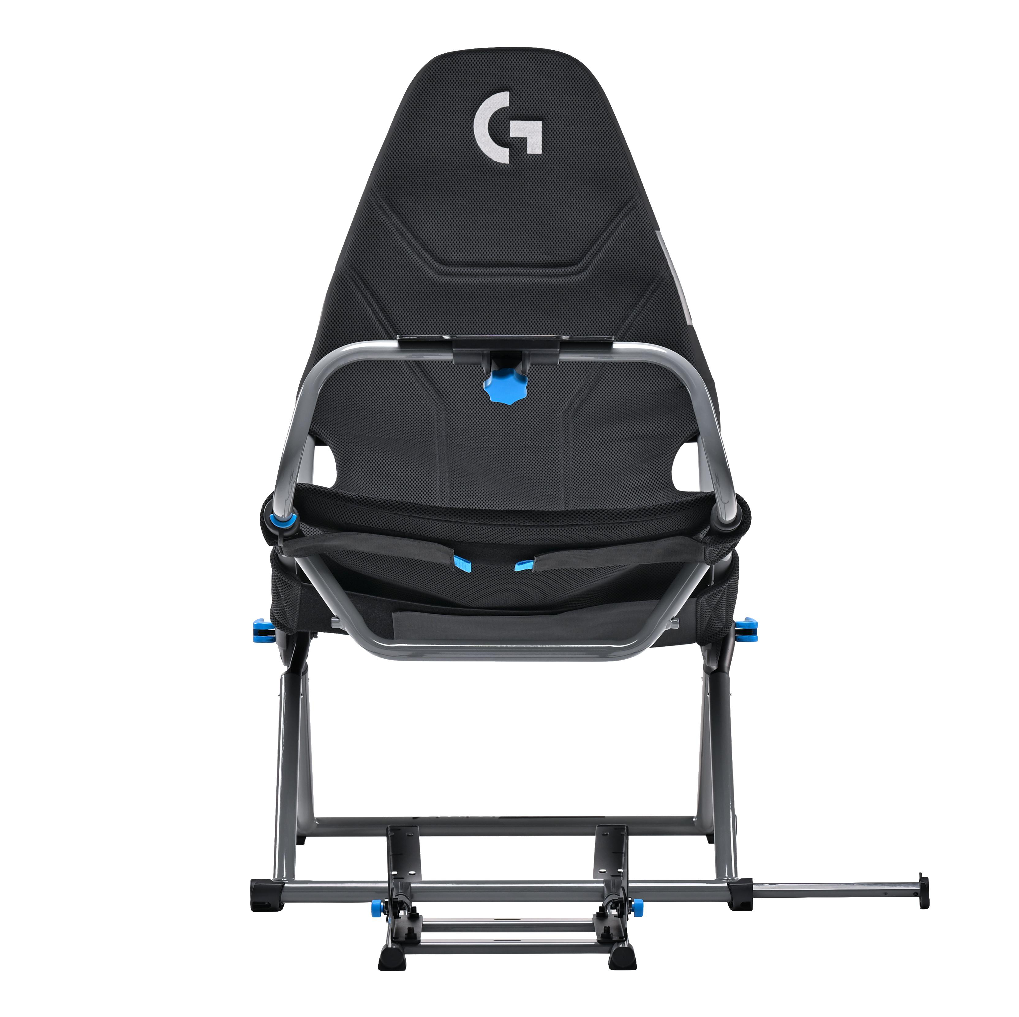 Schwarzer Gaming-Stuhl mit G-Logo. Blaue Akzente und Metallrahmen. Von hinten gesehen.