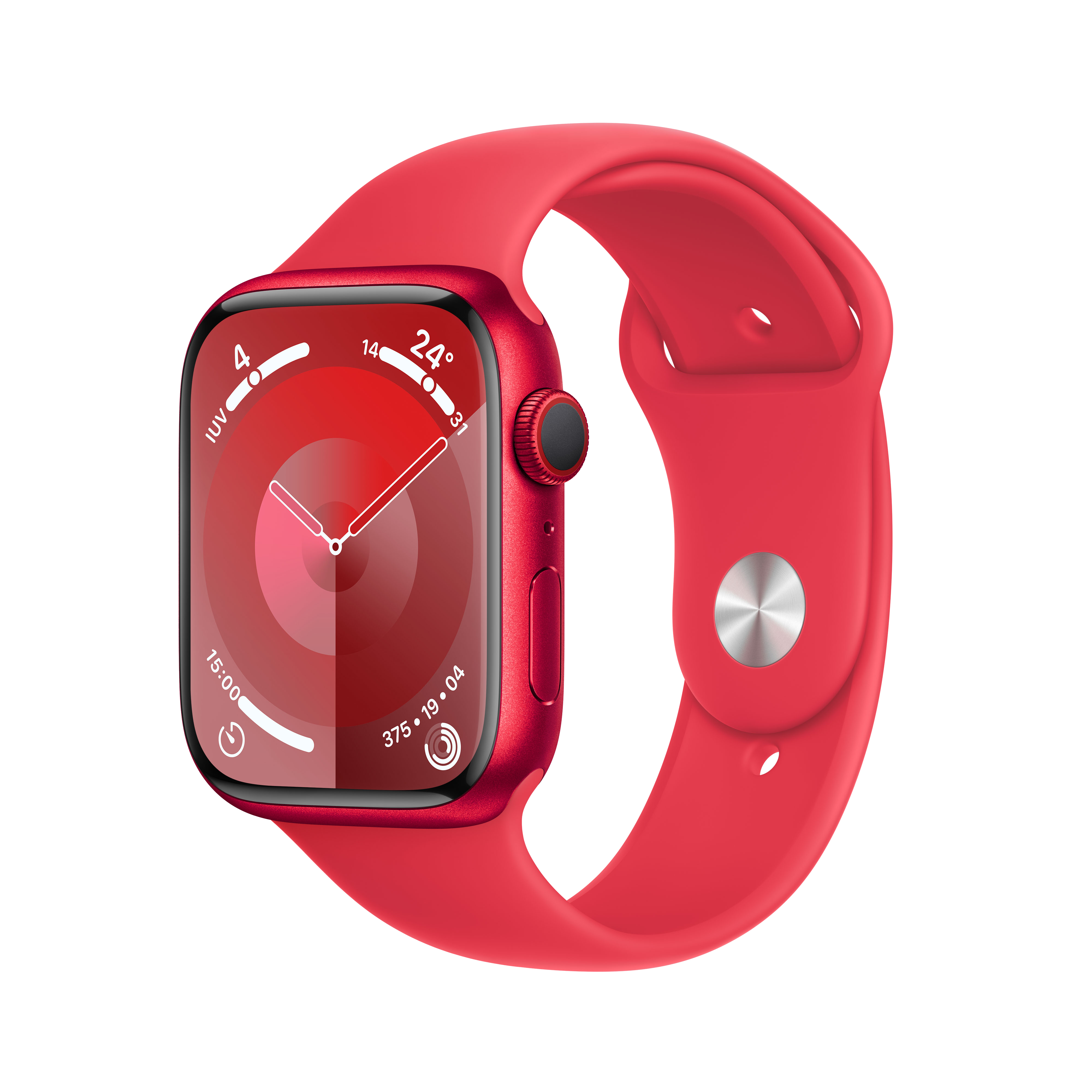 Smartwatch roja con correa roja. Muestra hora, frecuencia cardíaca. Fondo negro.