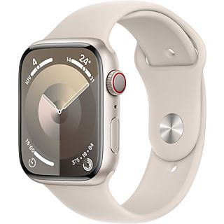 Apple Watch Series 9 (2023), GPS+CELL, 45 mm, Gesto de doble toque, Caja de aluminio blanco estrella, Correa deportiva blanco estrella, Talla S/M