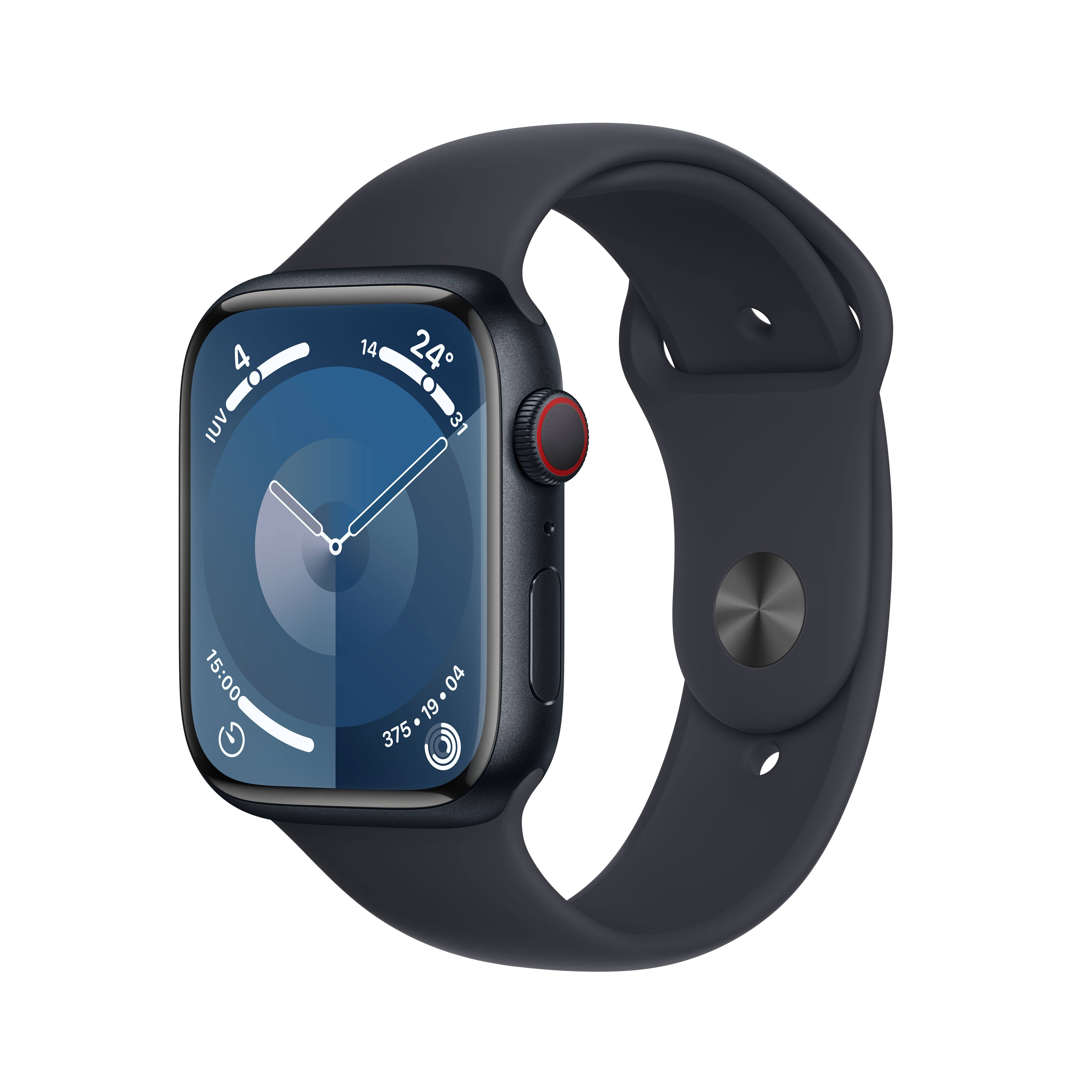 Reloj inteligente negro con correa negra. La pantalla muestra la hora y datos.